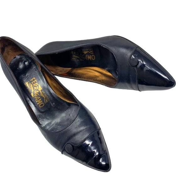 Salvatore Ferragamo Black Leather‎ Patent Leather Cap Toe Pumps - Picture 12 of 14